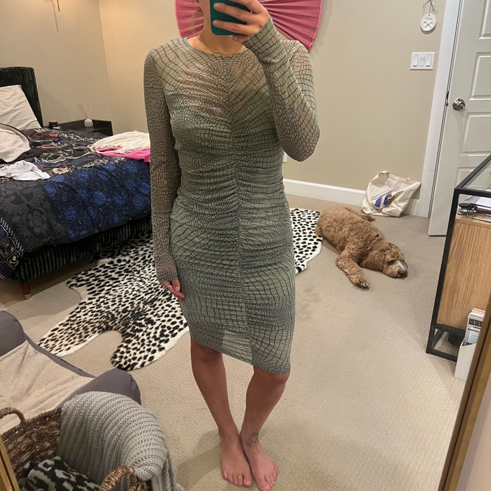 Guess Green Textured Long Sleeve Dress